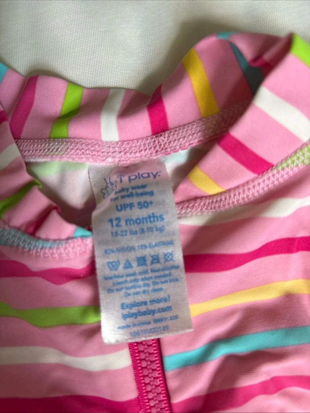 i play. Pink Girls Multi-Stripe swim suits  - 2-Pack, size 6-mo and 12-mo